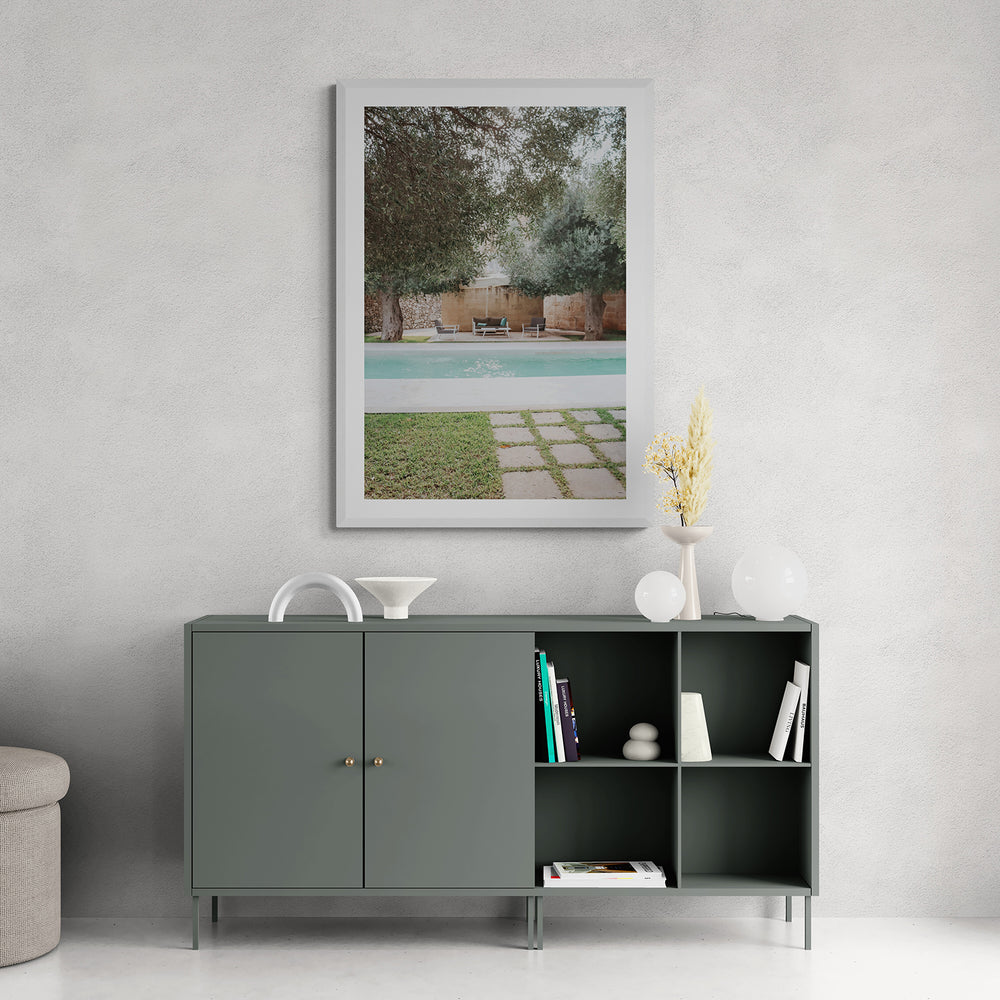 Idyllic Escape Puglia Mediterranean wall art white framed print styled in a room