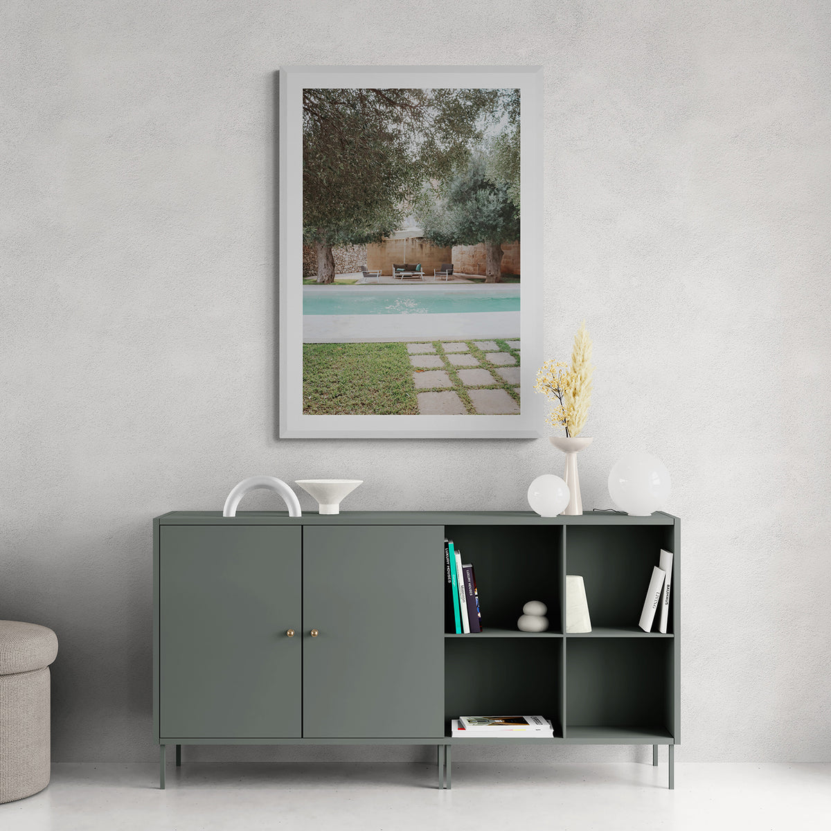 Idyllic Escape Puglia Mediterranean wall art white framed print styled in a room