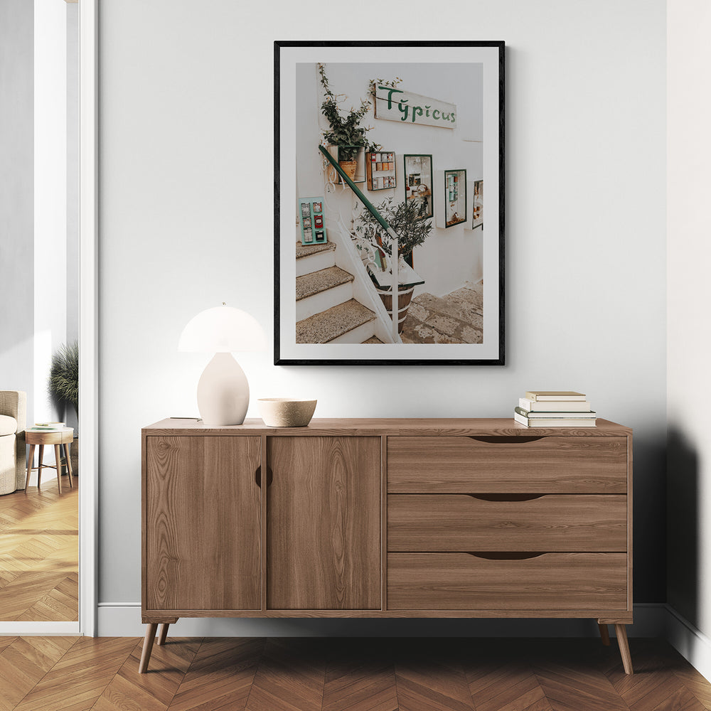Il Negozio Puglia Ostuni wall art black framed print styled in a room