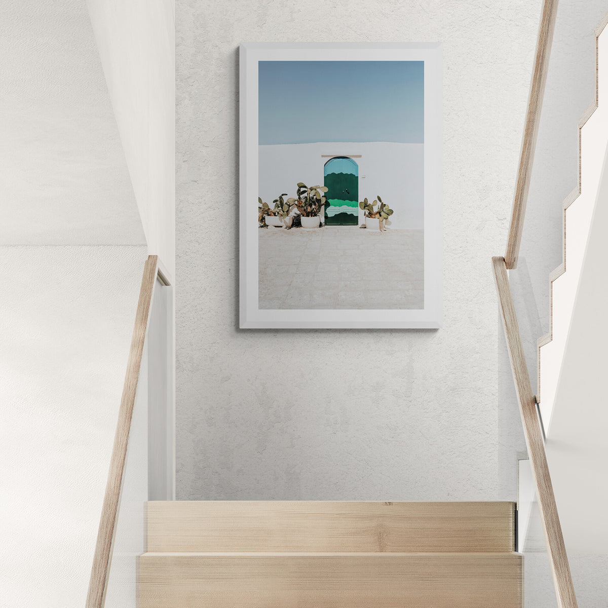 Imaginary Exit Puglia Mediterranean wall art white framed print styled in a room