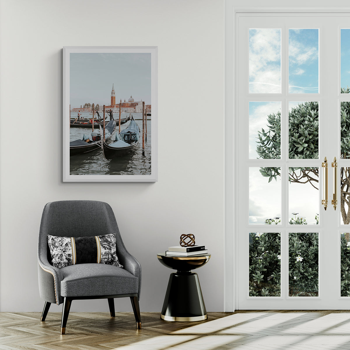 Italian Commute framed wall art print styled in a hallway interior