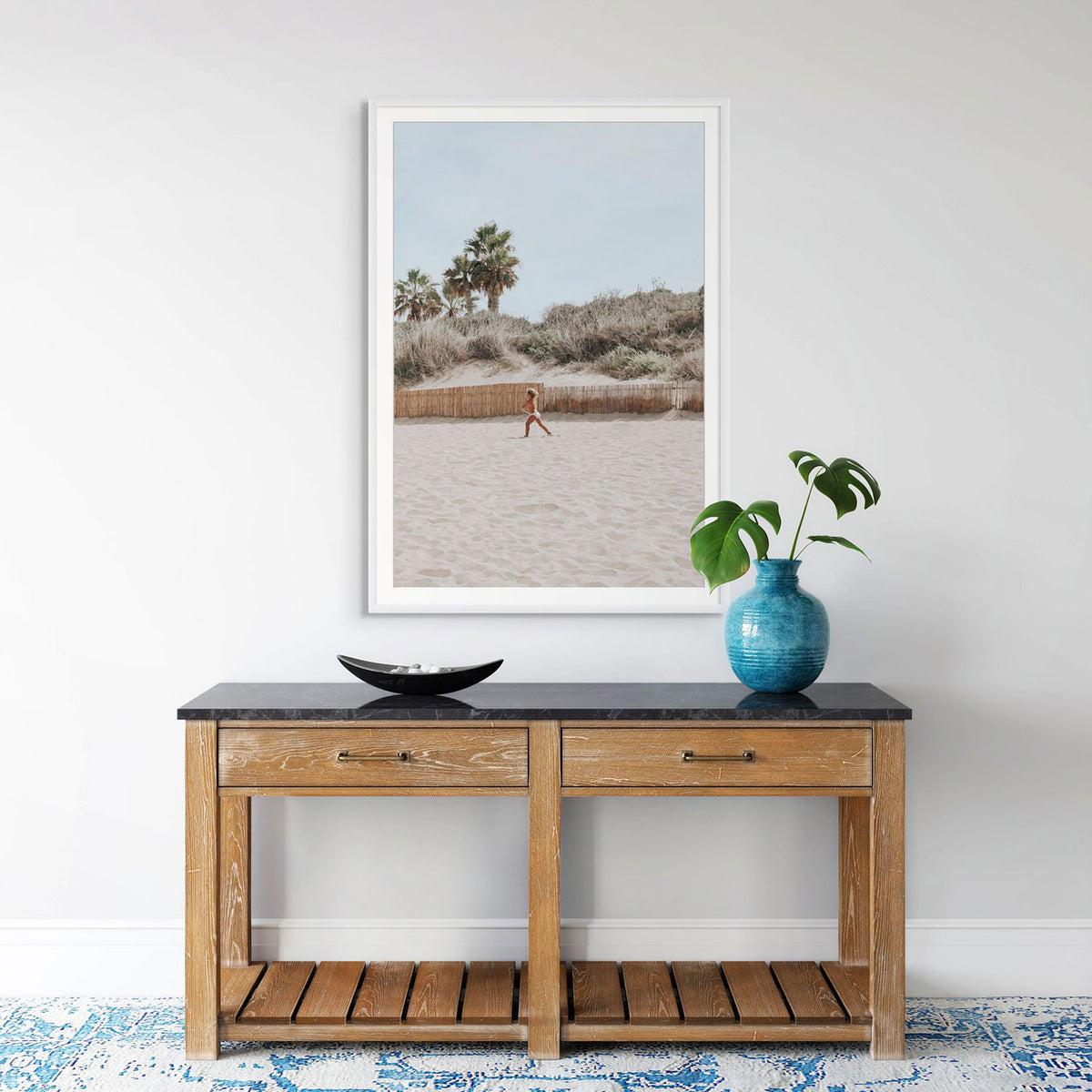 Joyful Sprint Puglia beach coastal fine art print white framed print styled in a room