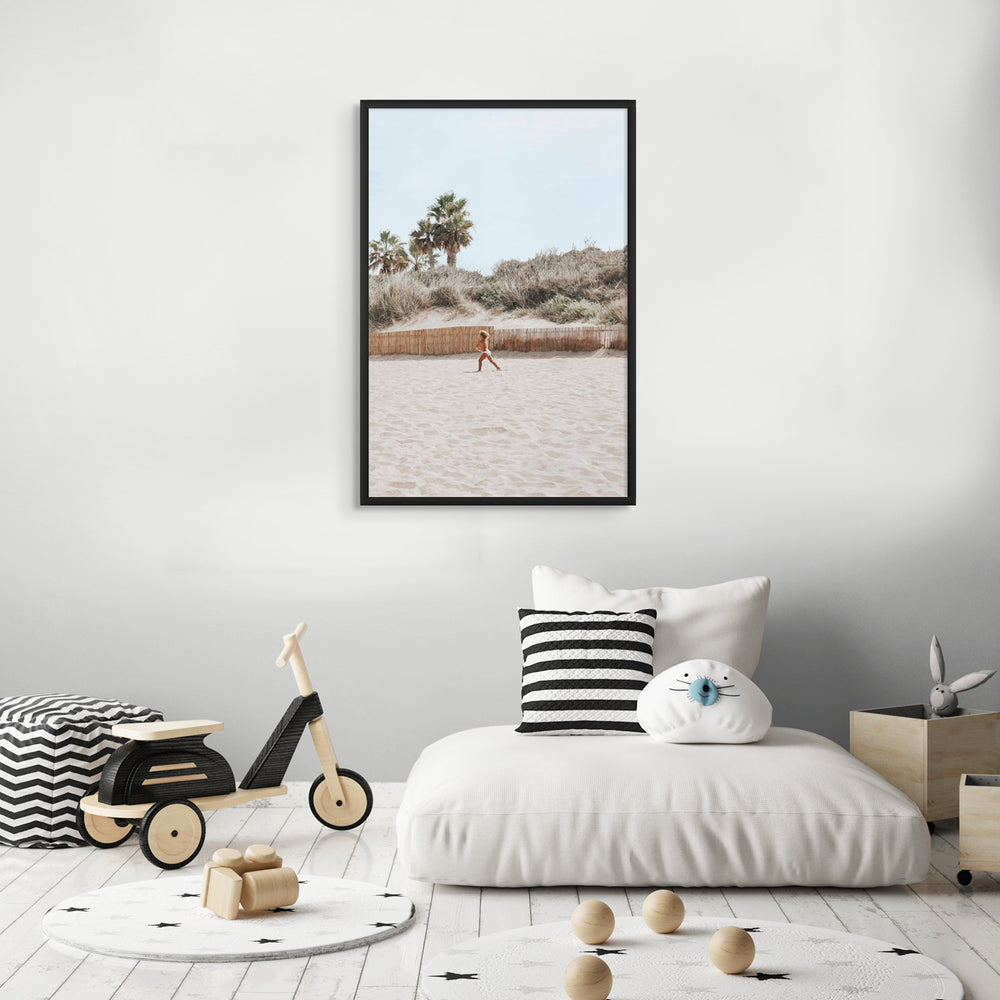Joyful Sprint Puglia beach coastal fine art print black framed print styled in a room