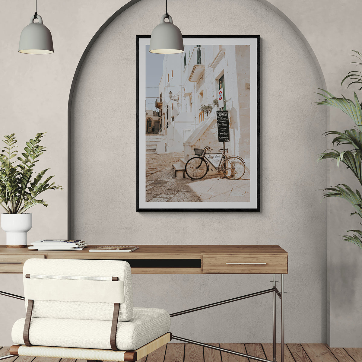 La Bicicletta Puglia Ostuni wall art black framed print styled in a room