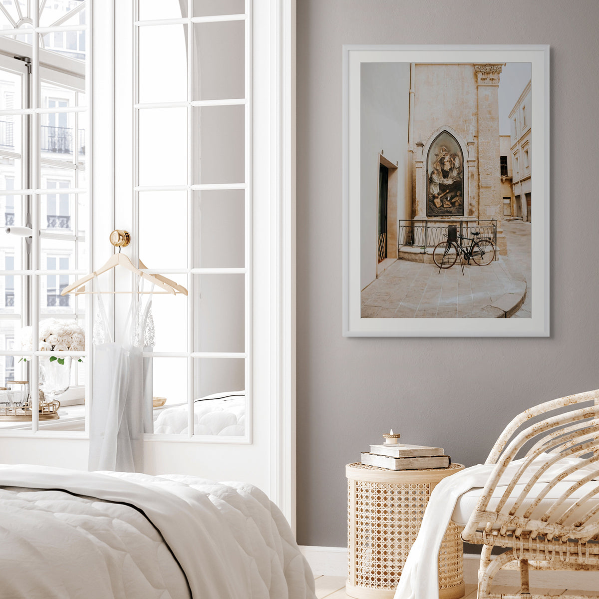 La Chiesa Puglia Otranto Italian wall art white framed print styled in a room