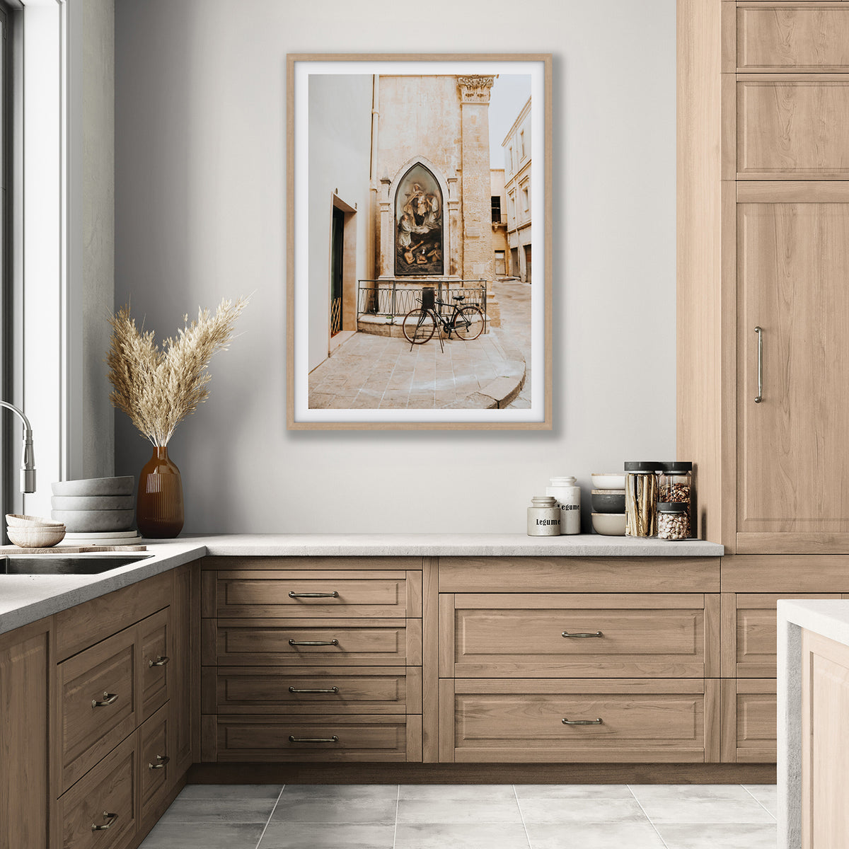 La Chiesa Puglia Otranto Italian wall art natural oak framed print styled in a room