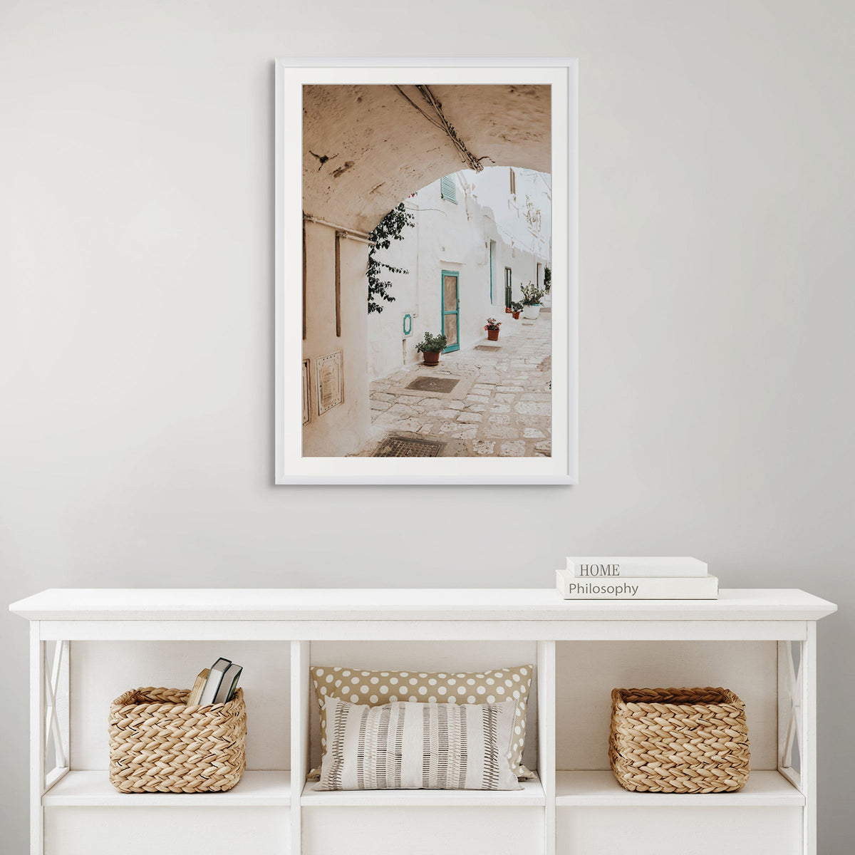 La Citta Bianca Puglia La Città Bianca wall art white framed print styled in a room
