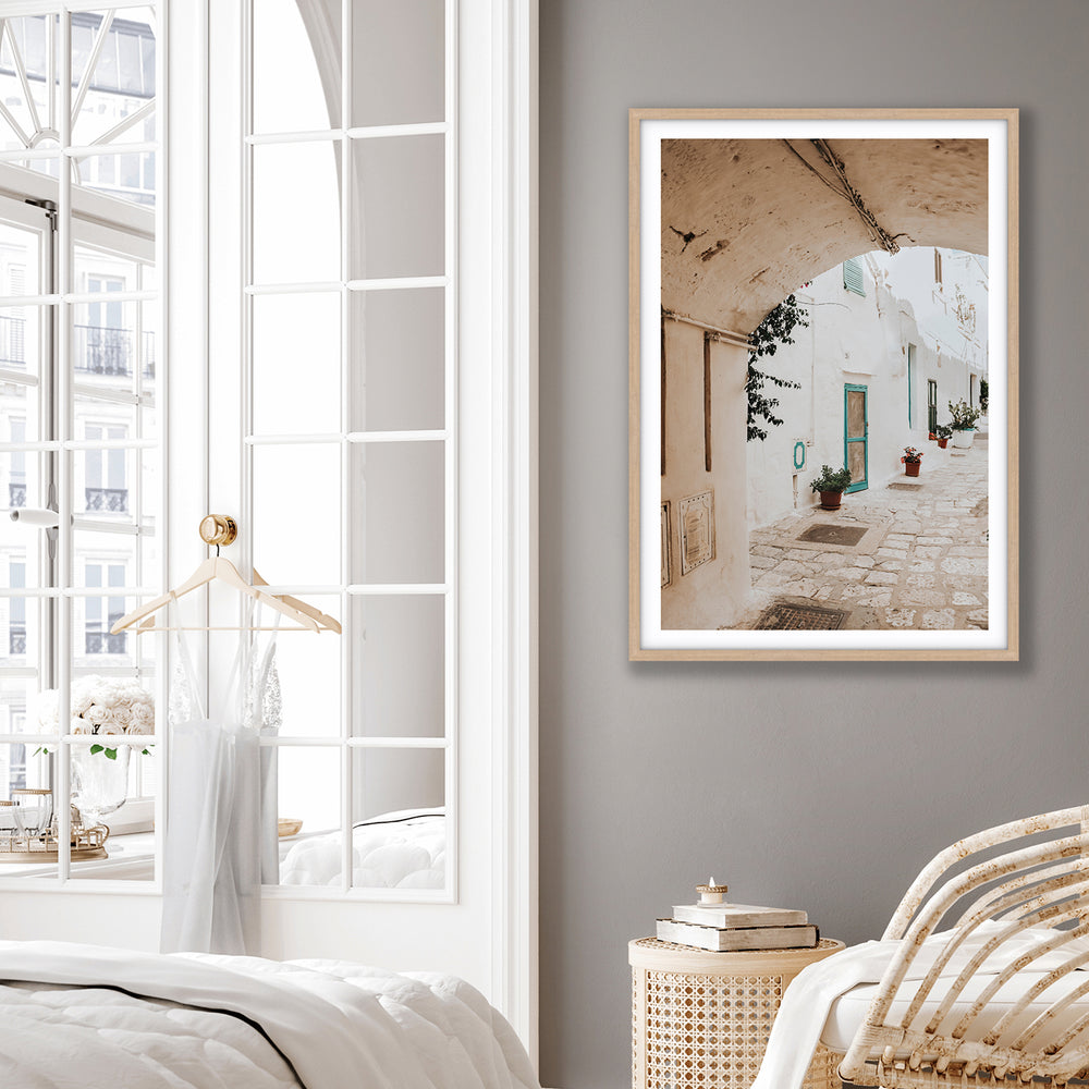 La Citta Bianca Puglia La Città Bianca wall art natural oak framed print styled in a room