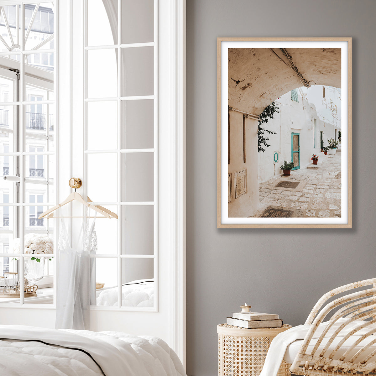 La Citta Bianca Puglia La Città Bianca wall art natural oak framed print styled in a room