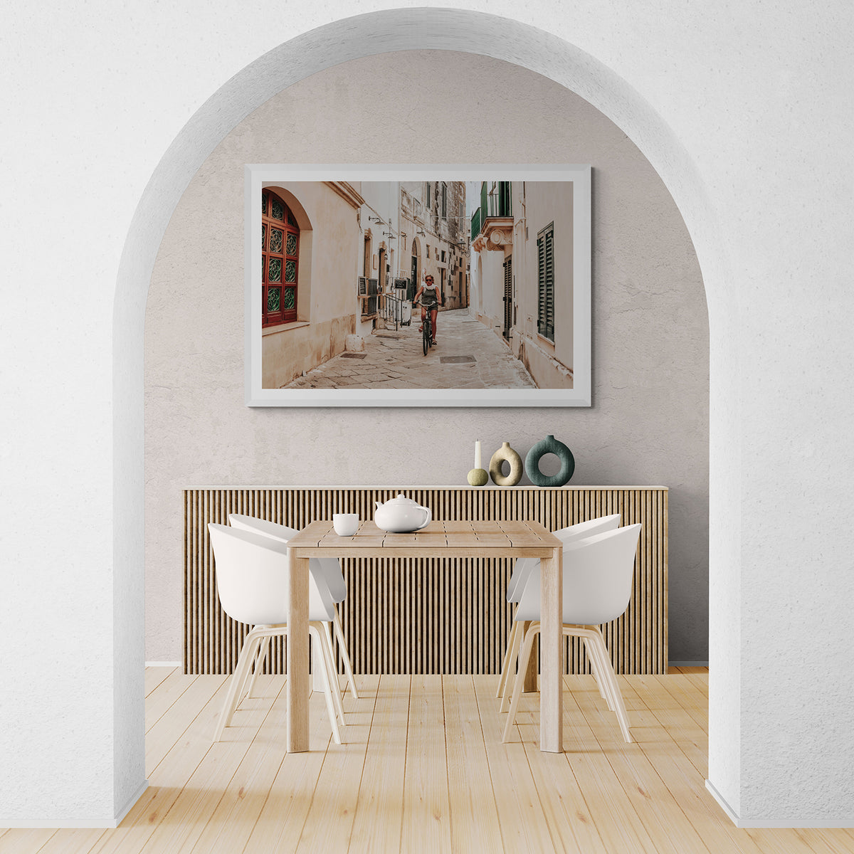 La Donna In Bicicletta Puglia Wall Italian fine art print white framed print styled in a room