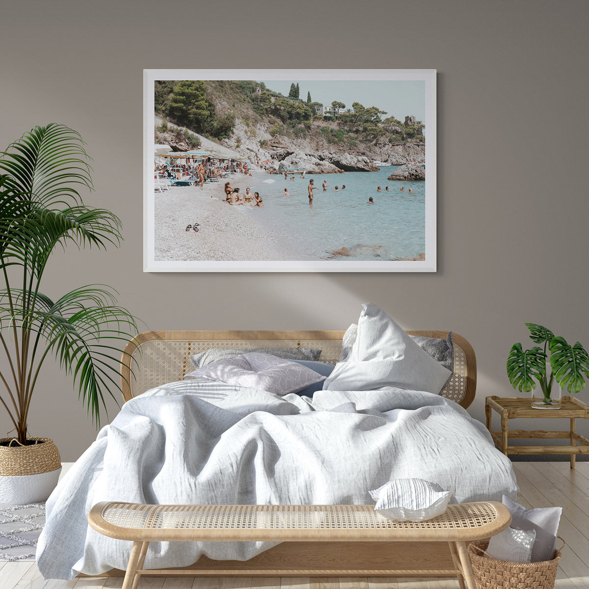 La Vacanza Amalfi Mediterranean wall art white framed print styled in a room
