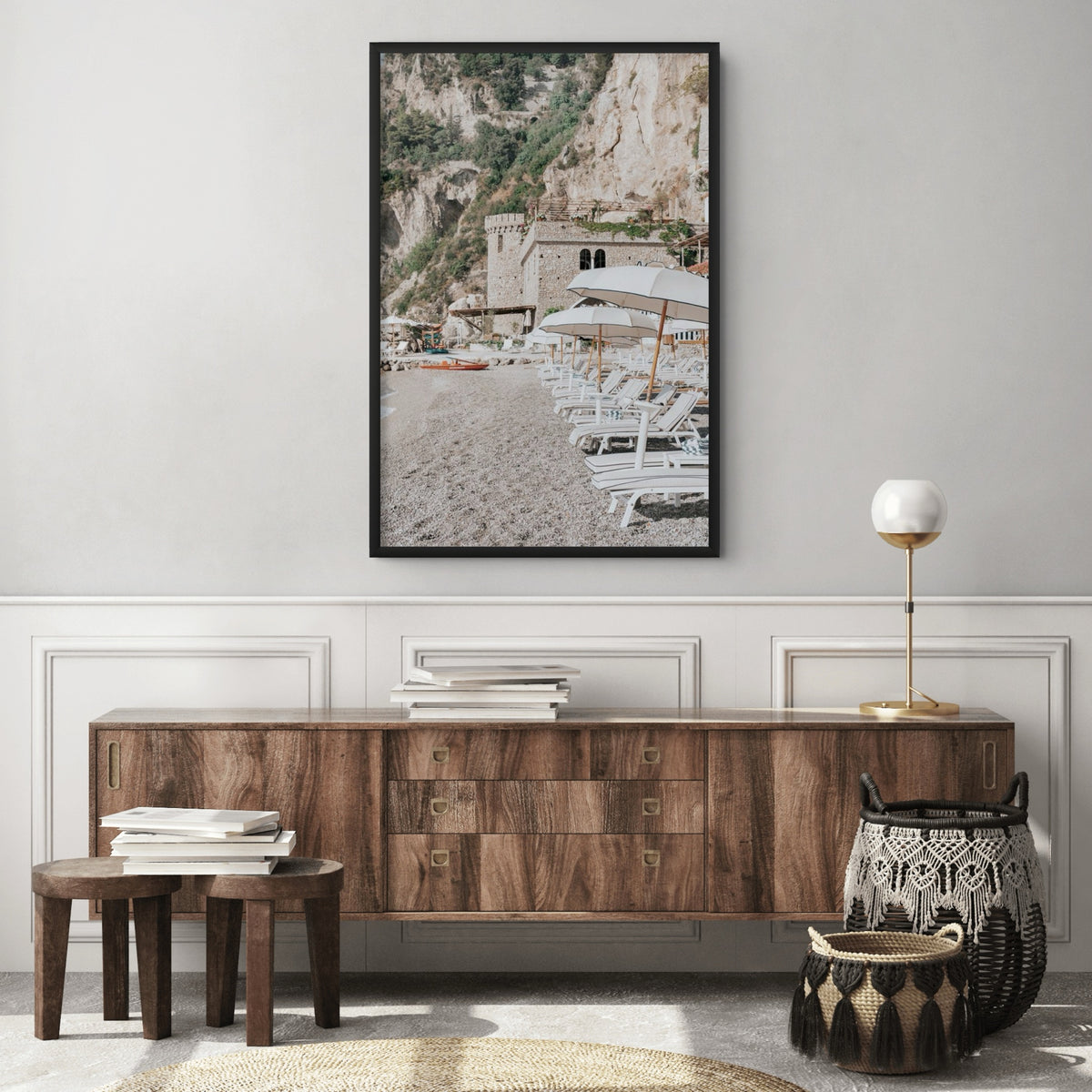 Product mockup of La Villeggiatura full-bleed fine art print in black frame styled in a room