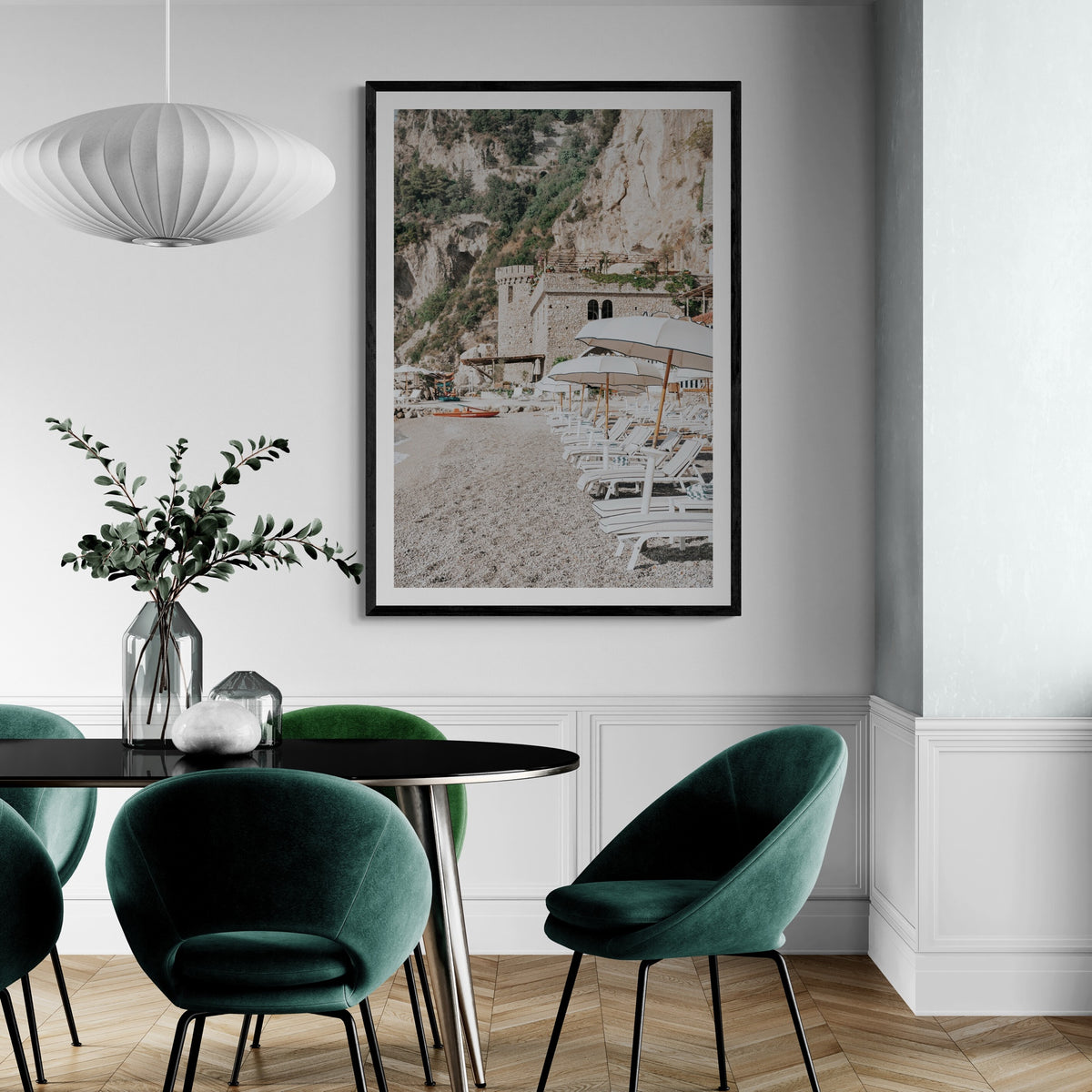 Product mockup of La Villeggiatura fine art print in black frame styled in a room