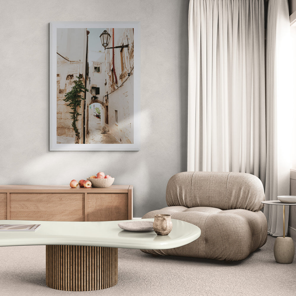Labyrinth Lanes Puglia Ostuni Italian wall art white framed print styled in a room