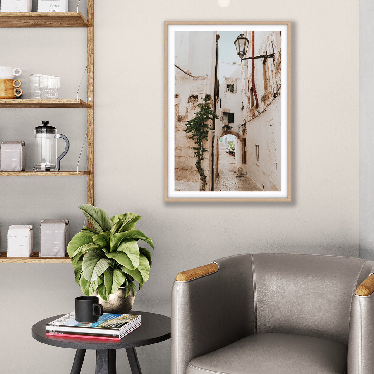 Labyrinth Lanes Puglia Ostuni Italian wall art natural oak framed print styled in a room