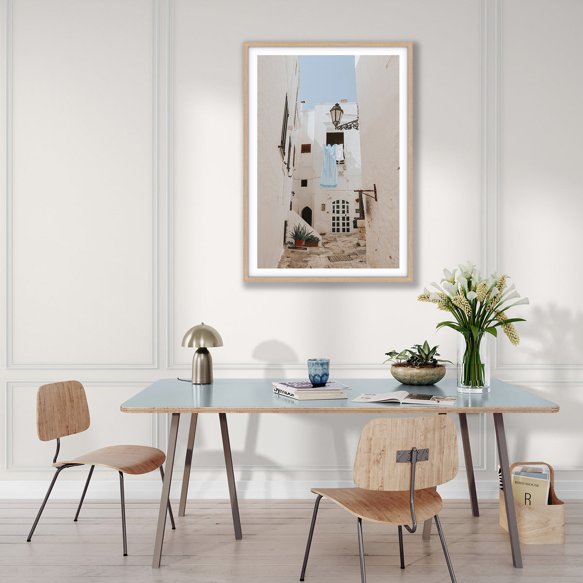 Laundry Day Puglia Ostuni Italian wall art natural oak framed print styled in a room