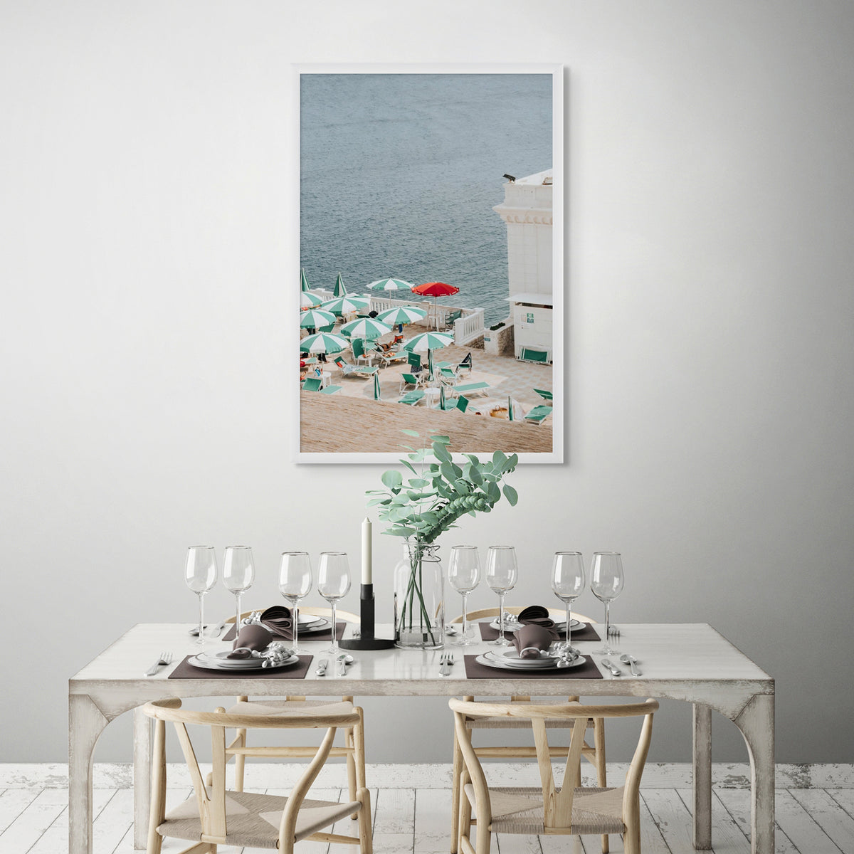 Lido Italiano Puglia beach Italian wall art white framed print styled in a room
