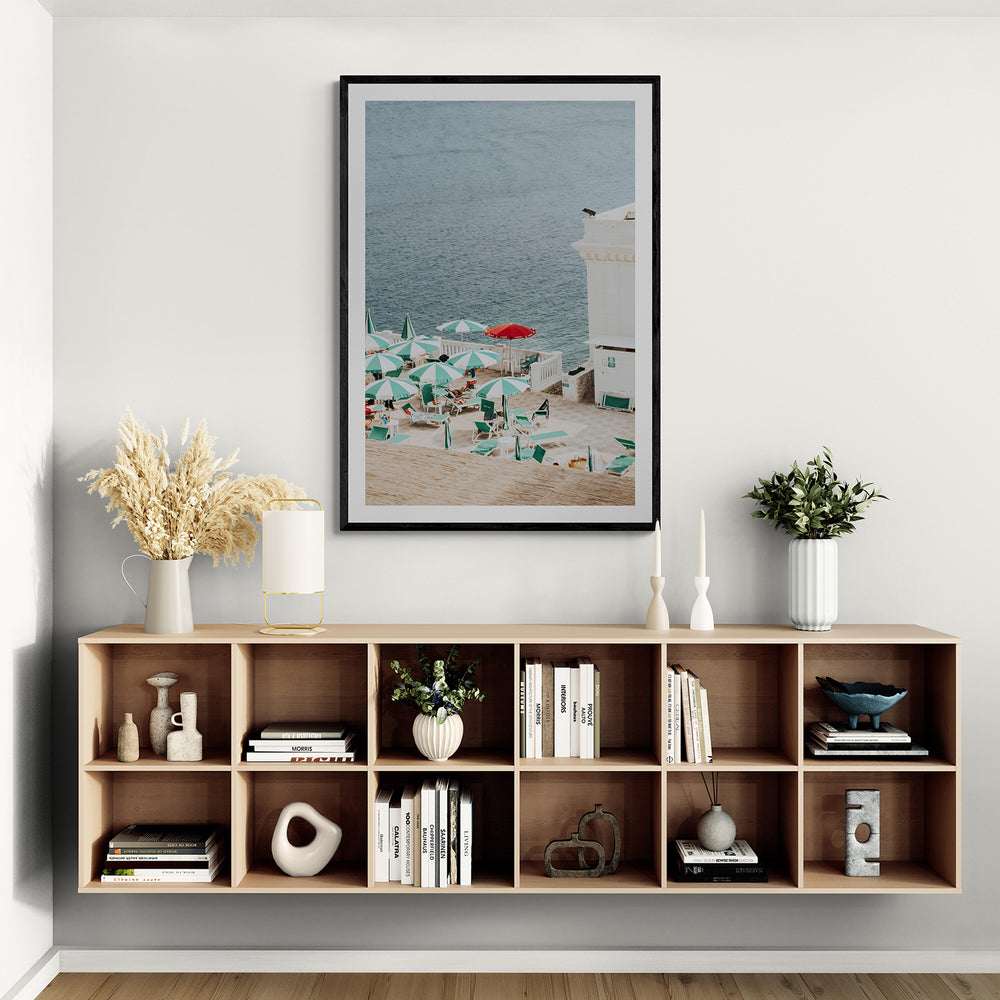 Lido Italiano Puglia beach Italian wall art black framed print styled in a room