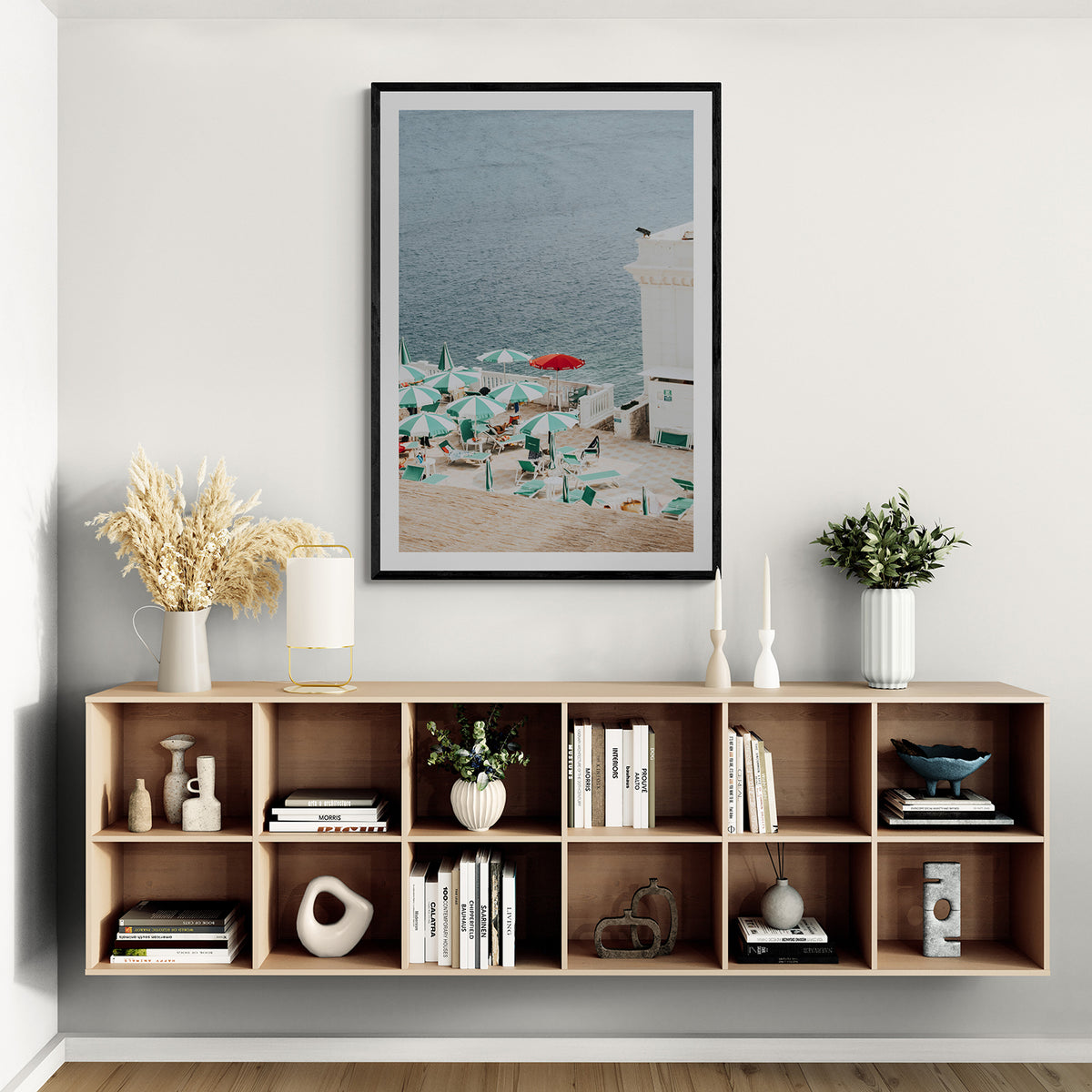Lido Italiano Puglia beach Italian wall art black framed print styled in a room