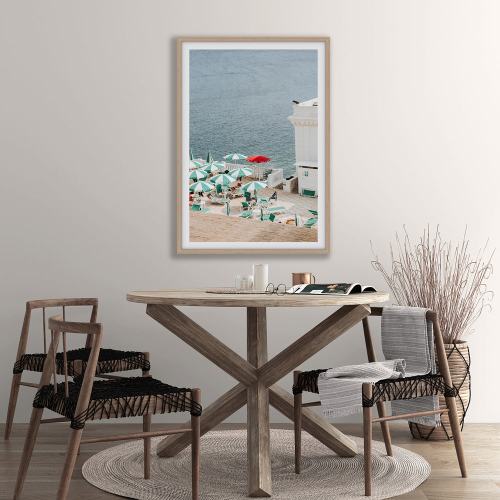 Lido Italiano Puglia beach Italian wall art natural oak framed print styled in a room