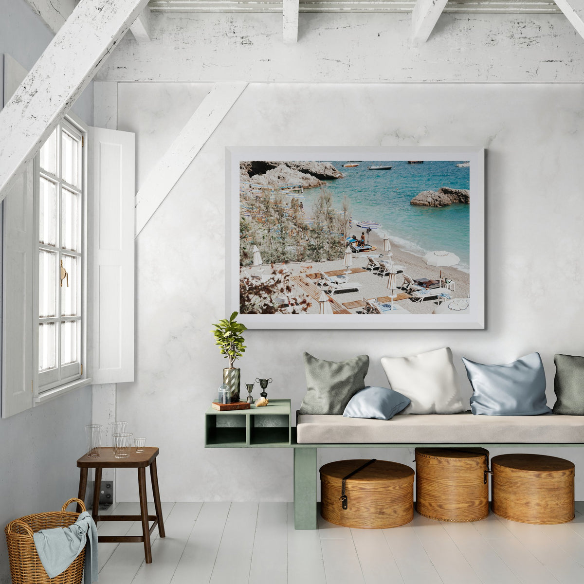 Life Could Be A Dream Amalfi Coast fine art print in a white frame styled in a loft with timber beams and a cushioned window seat