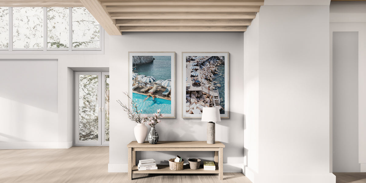 Life On The Shore and I'm Busy artworks styled together in a considered interior