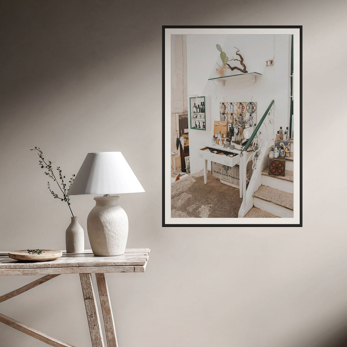 Liquid Gold Puglia Italian wall art black framed print styled in a room