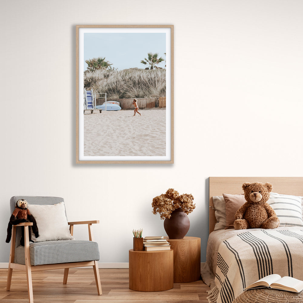 Little Explorer Puglia beach coastal wall art natural oak framed print styled in a room