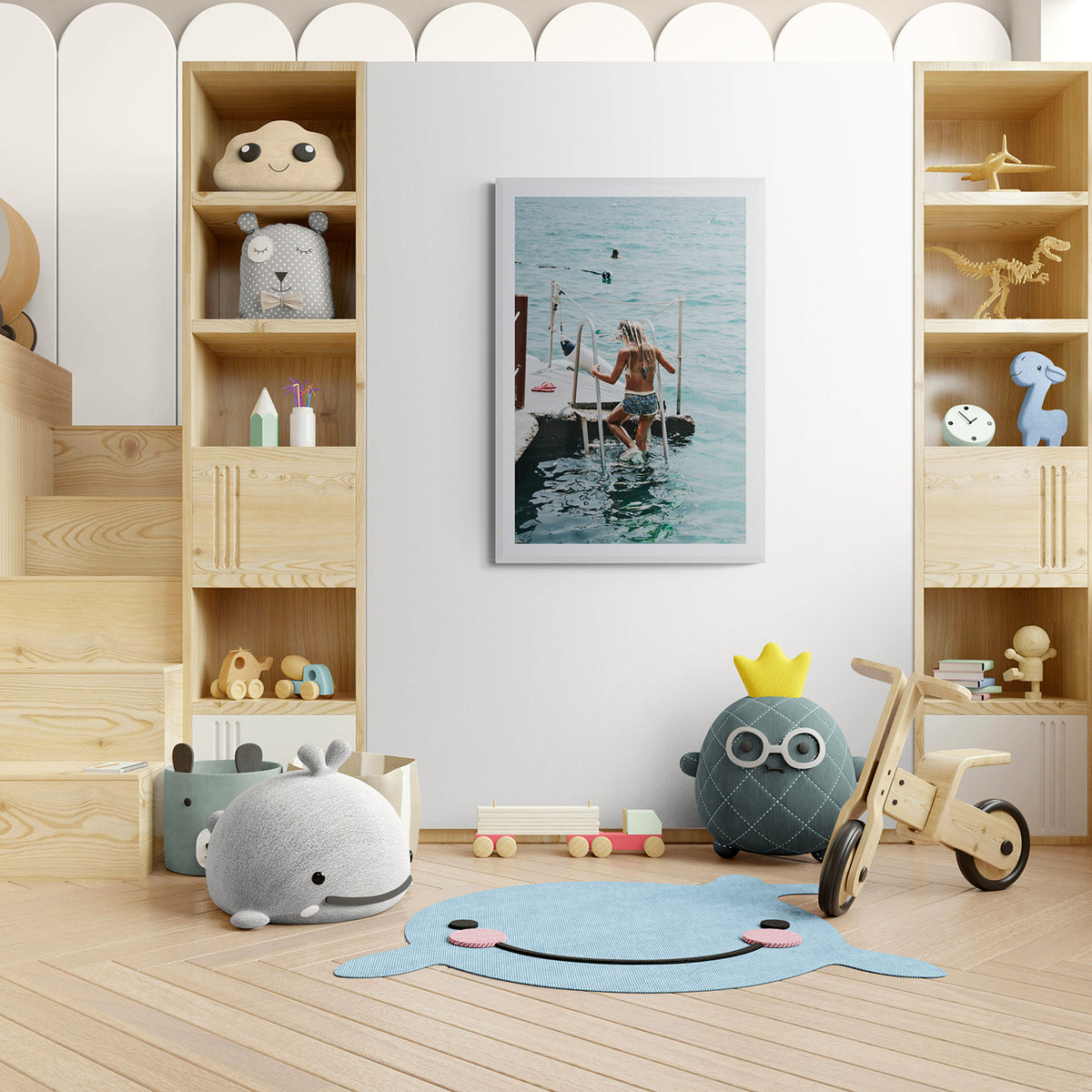 Little Mermaid Capri Mediterranean wall art white framed print styled in a room