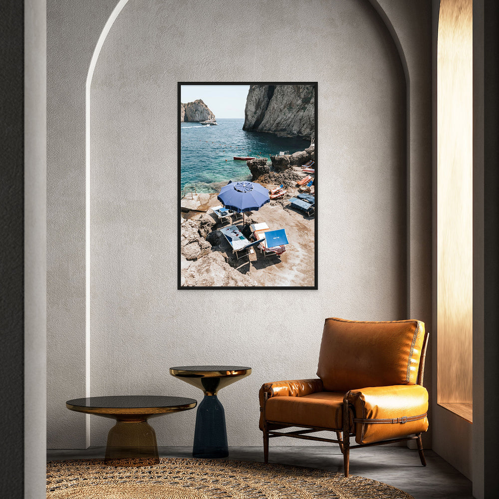 Lonely Loungers Capri coastal wall art black framed print styled in a room