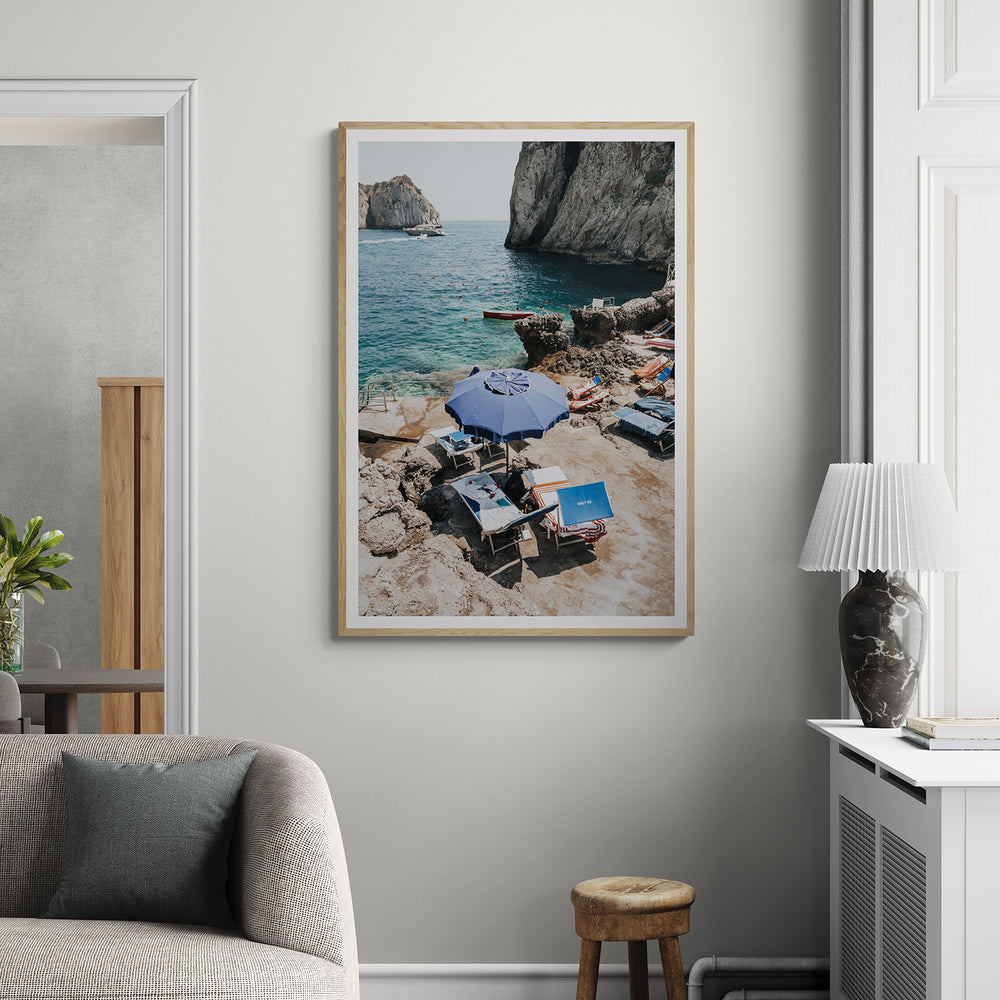 Lonely Loungers Capri coastal wall art natural oak framed print styled in a room