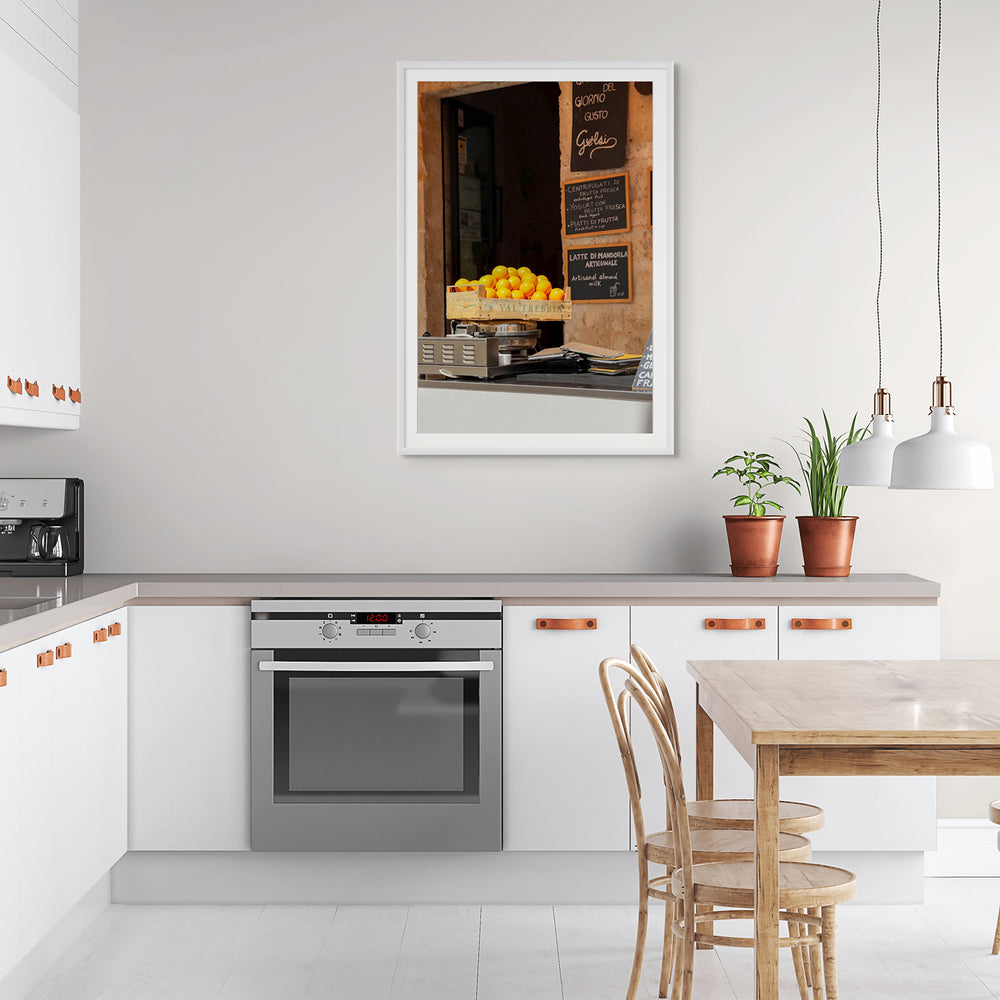 Luminous Citrus Puglia Ostuni Italian wall art white framed print styled in a room