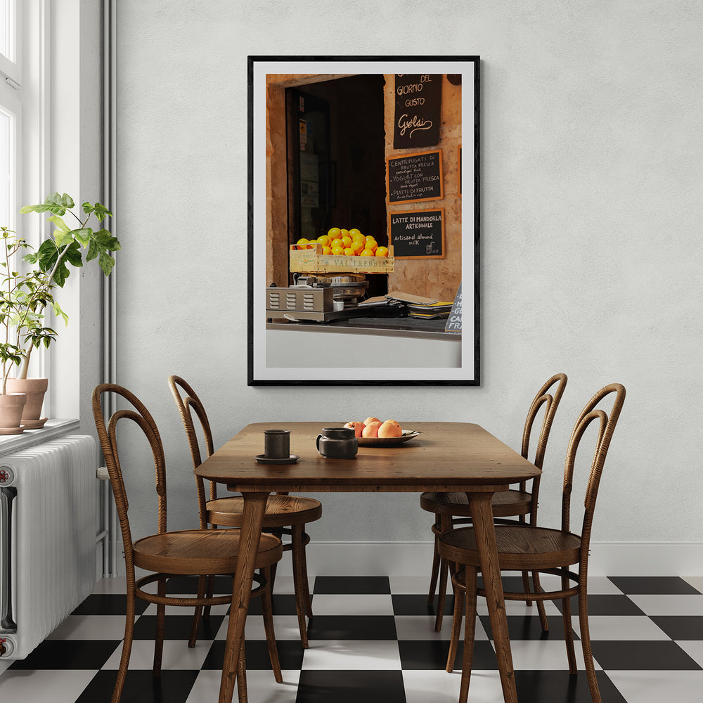 Luminous Citrus Puglia Ostuni Italian wall art black framed print styled in a room