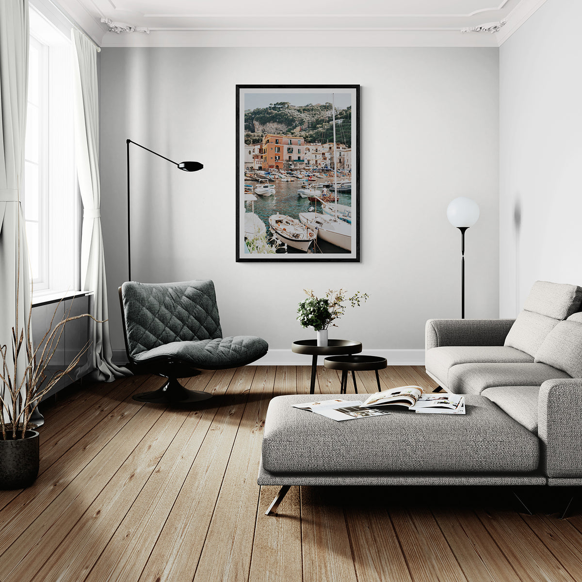 Marina Grande Sorrento coastal Italian wall art black framed print styled in a room