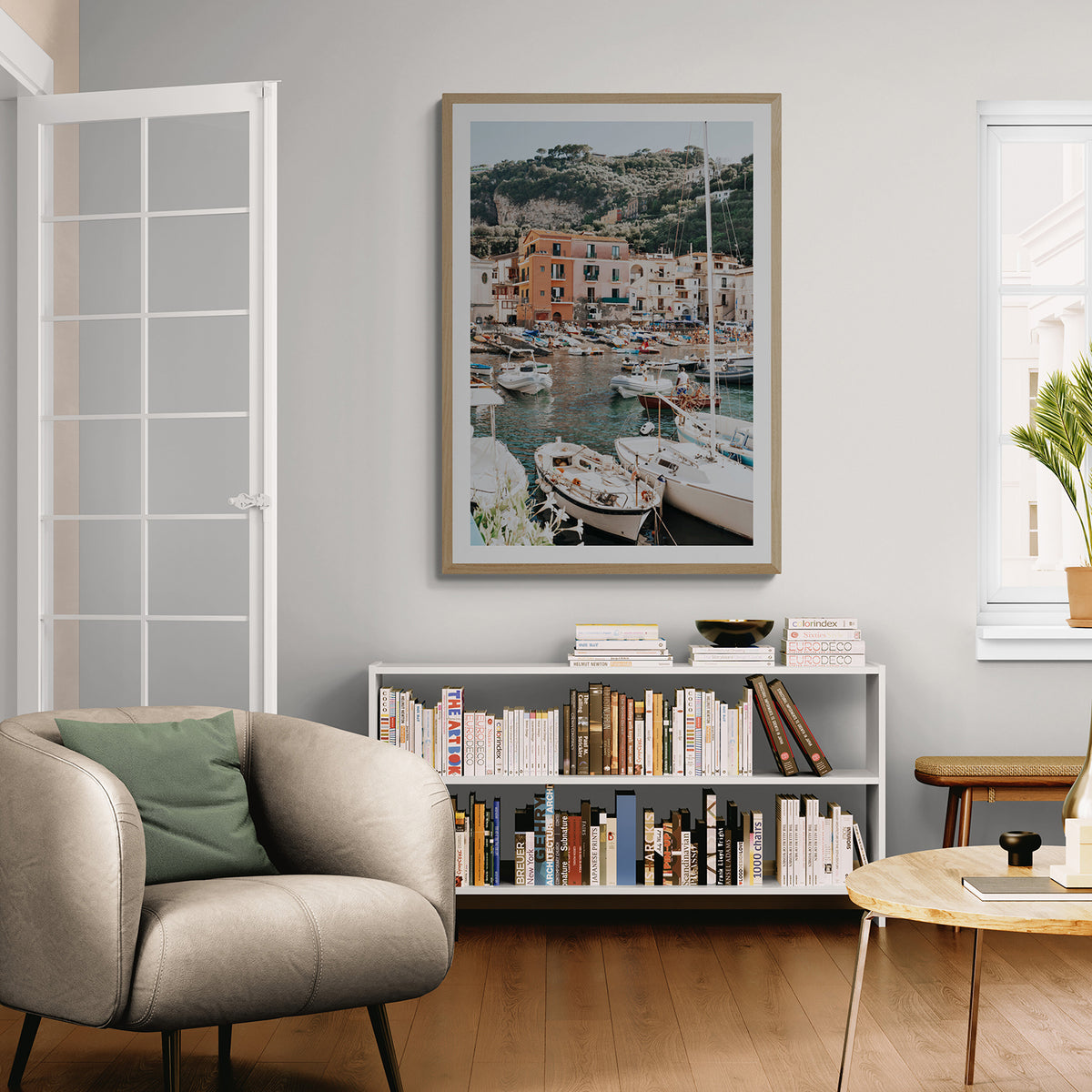 Marina Grande Sorrento coastal Italian wall art natural oak framed print styled in a room