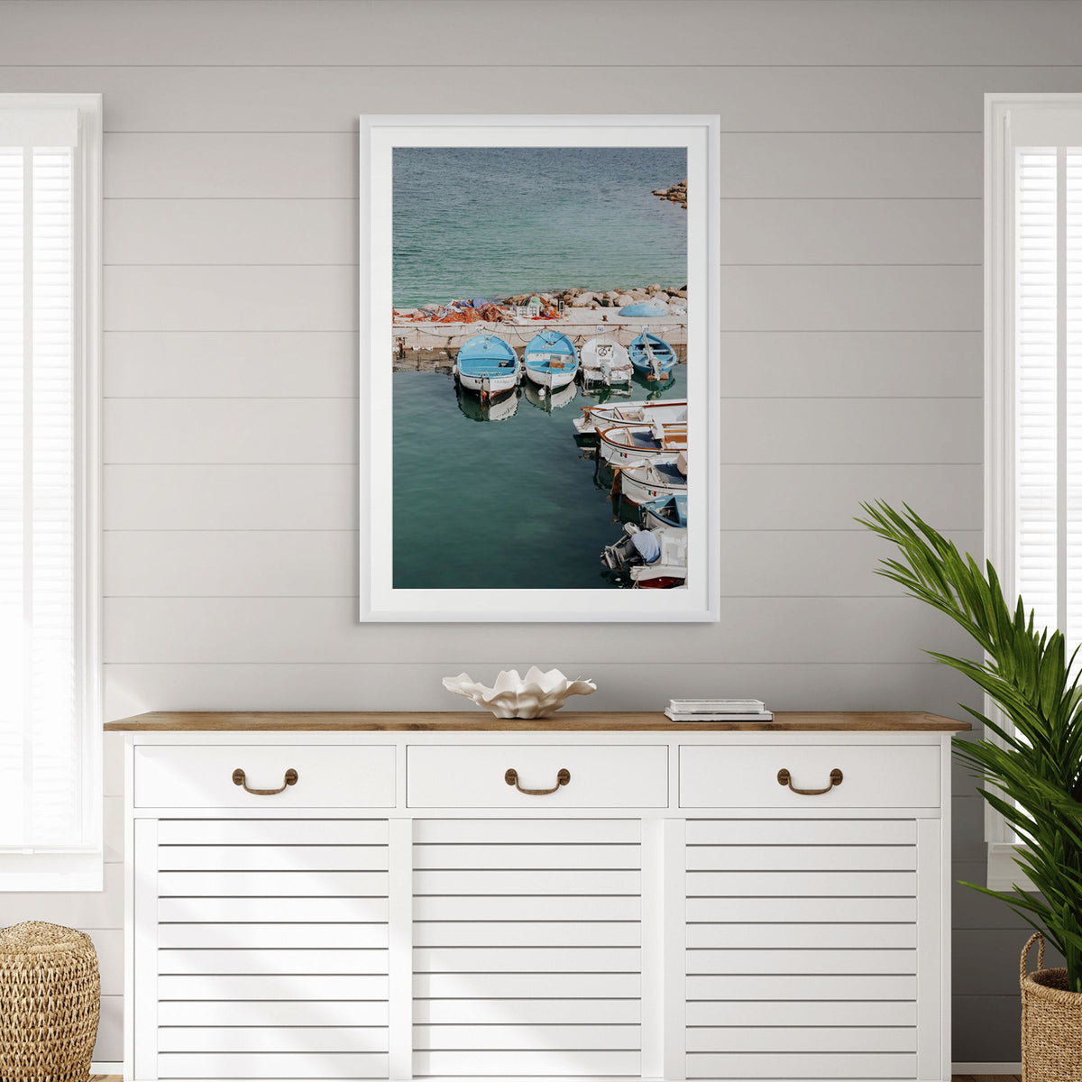 Maritime Memories Puglia Harbour Reflections coastal wall art white framed print styled in a room