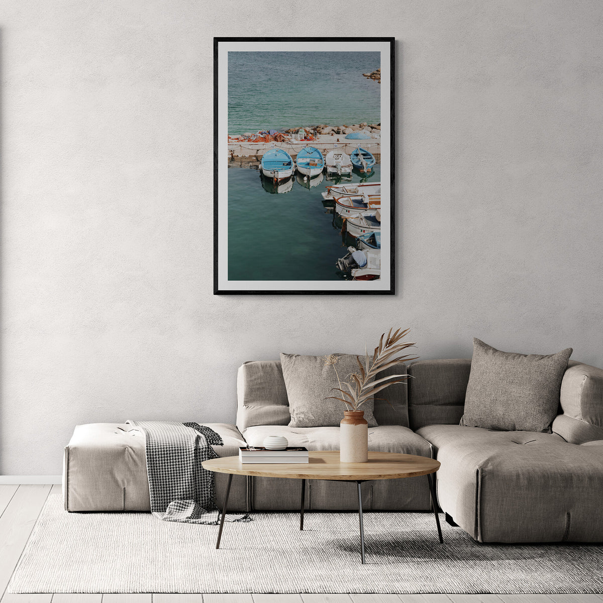 Maritime Memories Puglia Harbour Reflections coastal wall art black framed print styled in a room