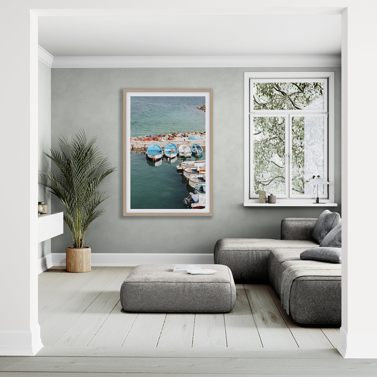 Maritime Memories Puglia Harbour Reflections coastal wall art natural oak framed print styled in a room