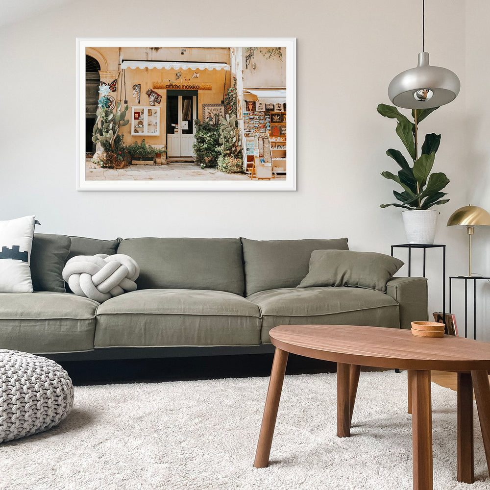 Mosaic Workshop Puglia Italian wall art white framed print styled in a room