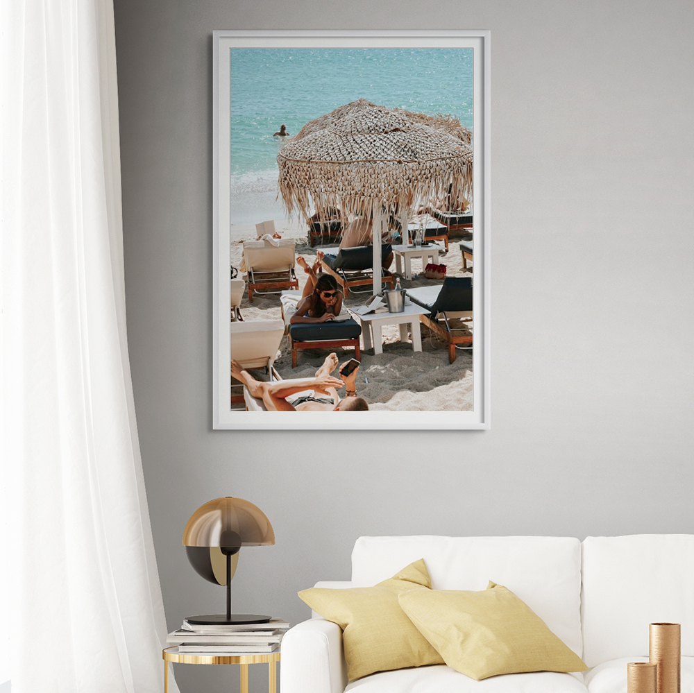 In The Zone Mykonos Greek island wall art white framed print styled in a lounge