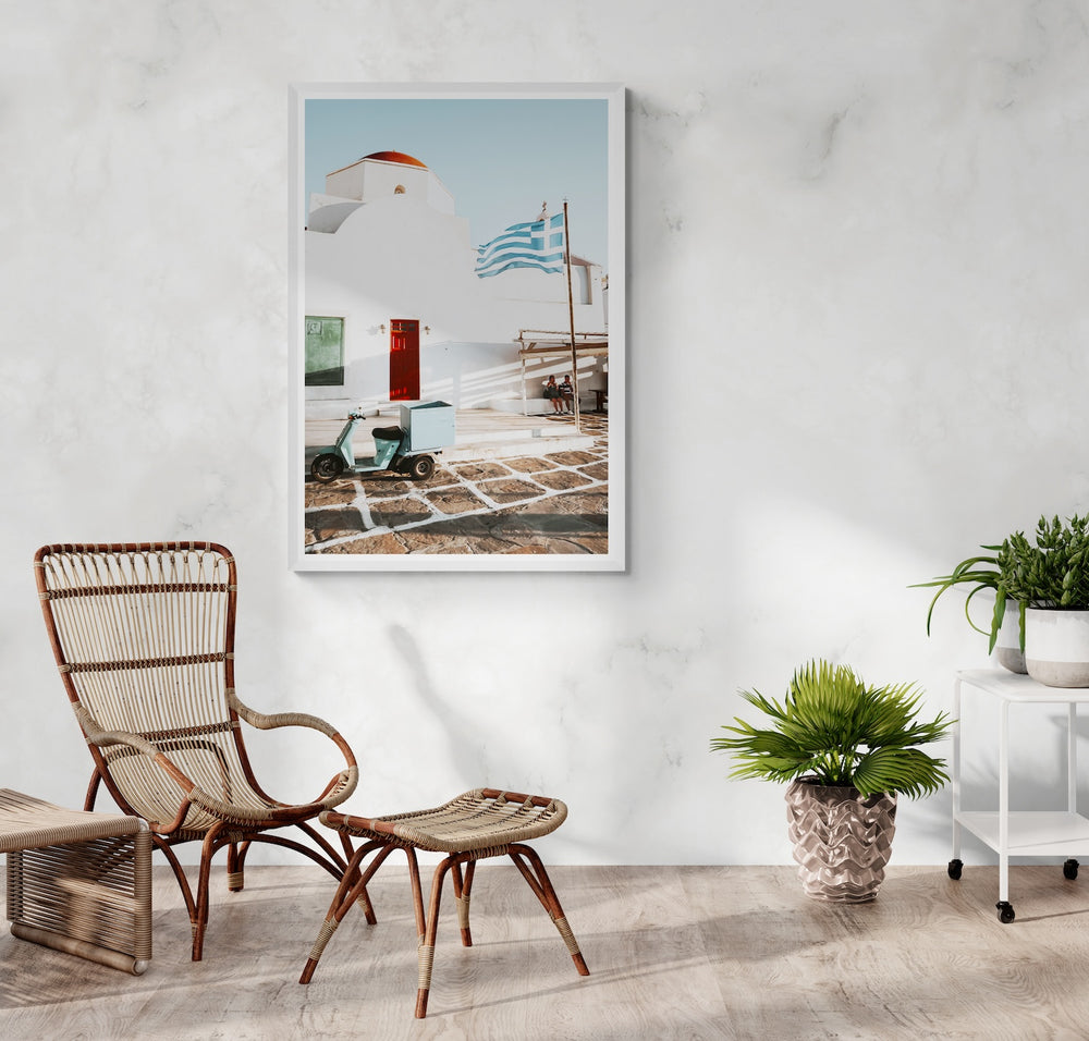 Mykonos Postcard Mykonos Greek island wall art white framed print styled in a room