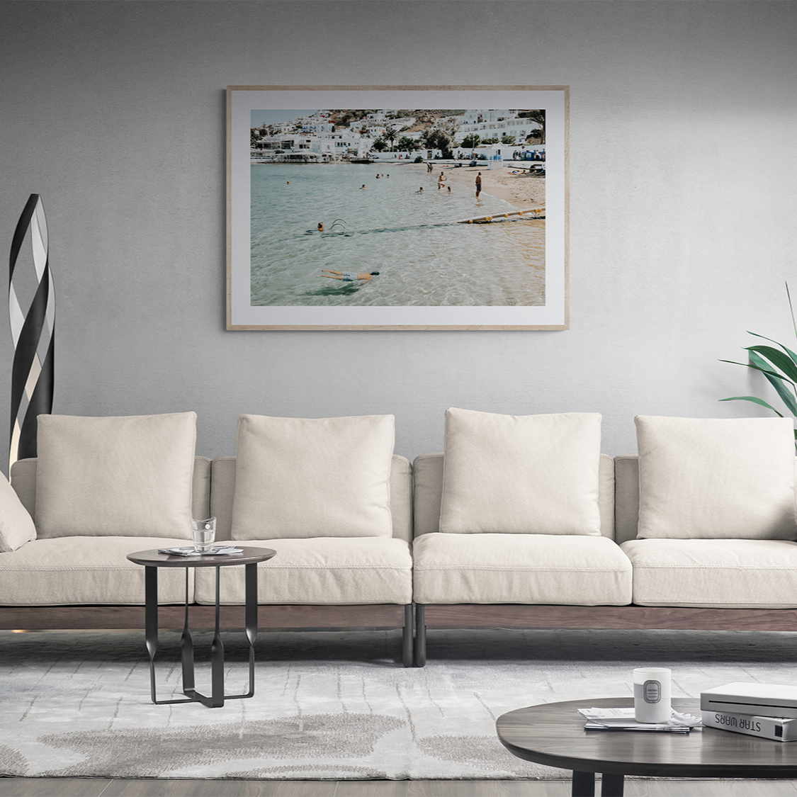 Bathe Yourself In Beauty Mykonos Greek island wall art framed print styled in a lounge