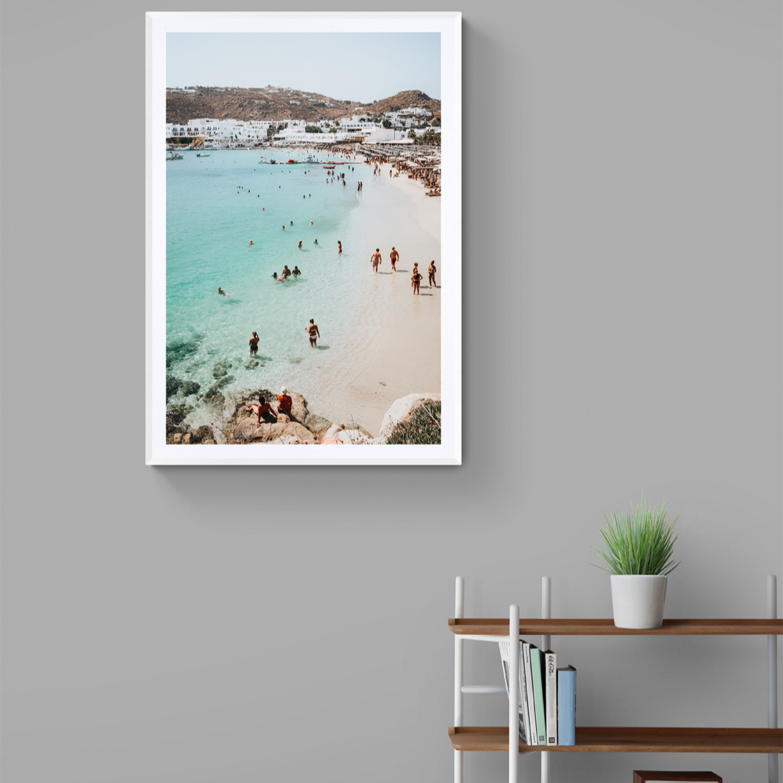 Breathe In The Salty Air Mykonos Greek island wall art framed print styled in a hallway