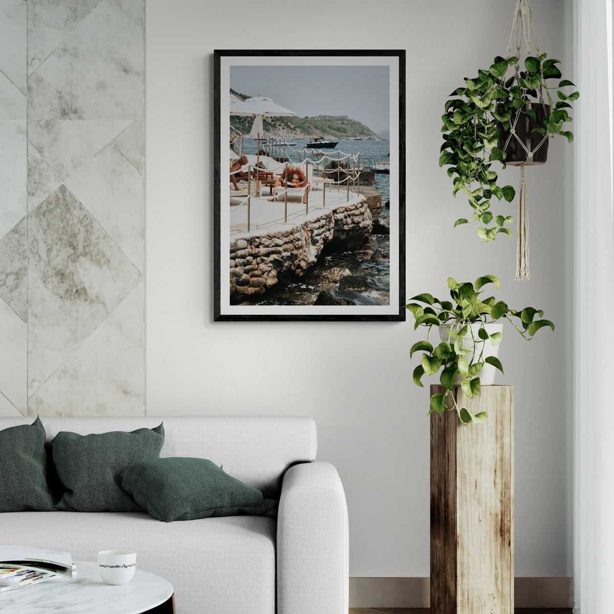 Nonno e Nonna Tuscany coastal Italian wall art black framed print styled in a room
