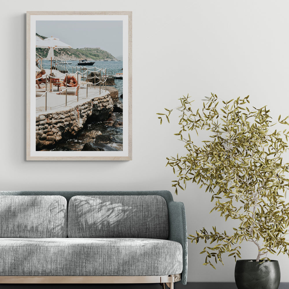 Nonno e Nonna Tuscany coastal Italian wall art natural oak framed print styled in a room