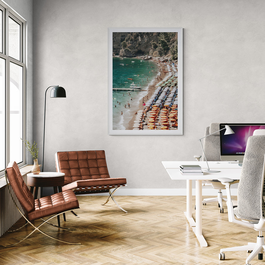 Ocean's Playground Positano decor wall art white framed print styled in a room view 2