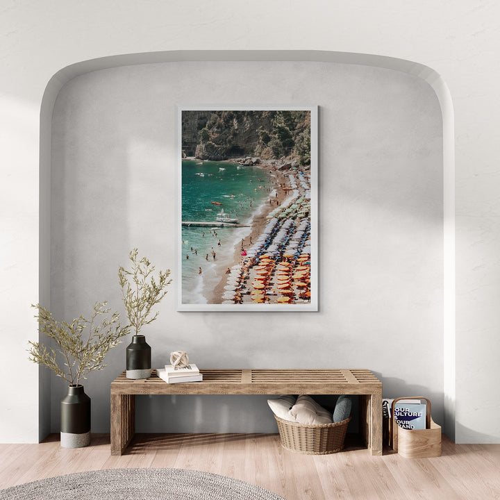 Ocean's Playground Positano decor wall art white framed print styled in a room