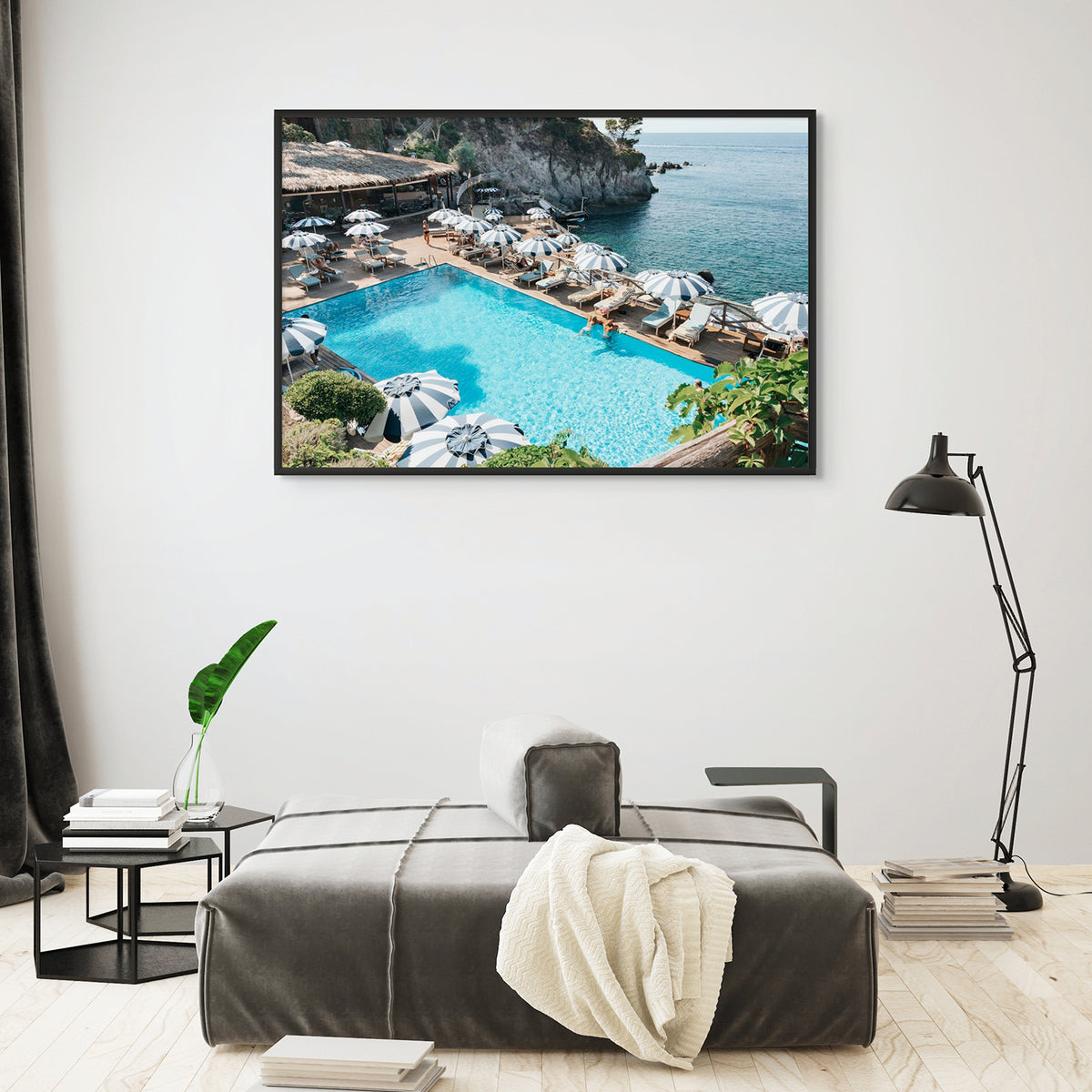 Oceanview Italian Ischia Italian coastal wall art black framed print styled in a room view 2