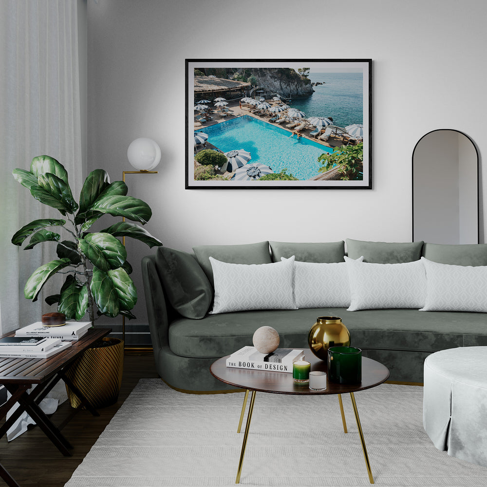 Oceanview Italian Ischia Italian coastal wall art black framed print styled in a room