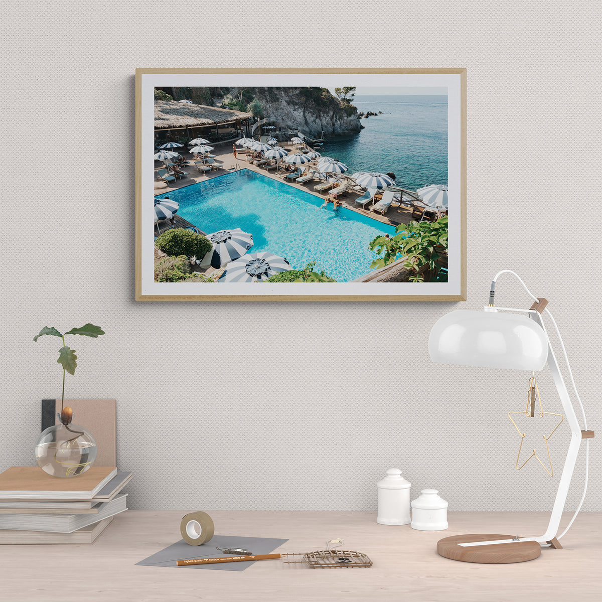 Oceanview Italian Ischia Italian coastal wall art natural oak framed print styled in a room